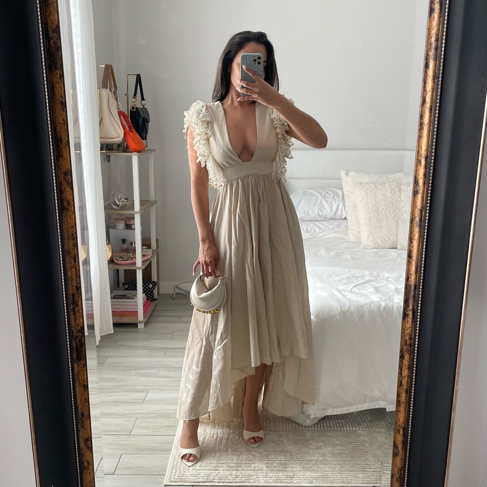 My Beachy Side Chic Linen Cream Maxi Dress with Ruffle Sleeves